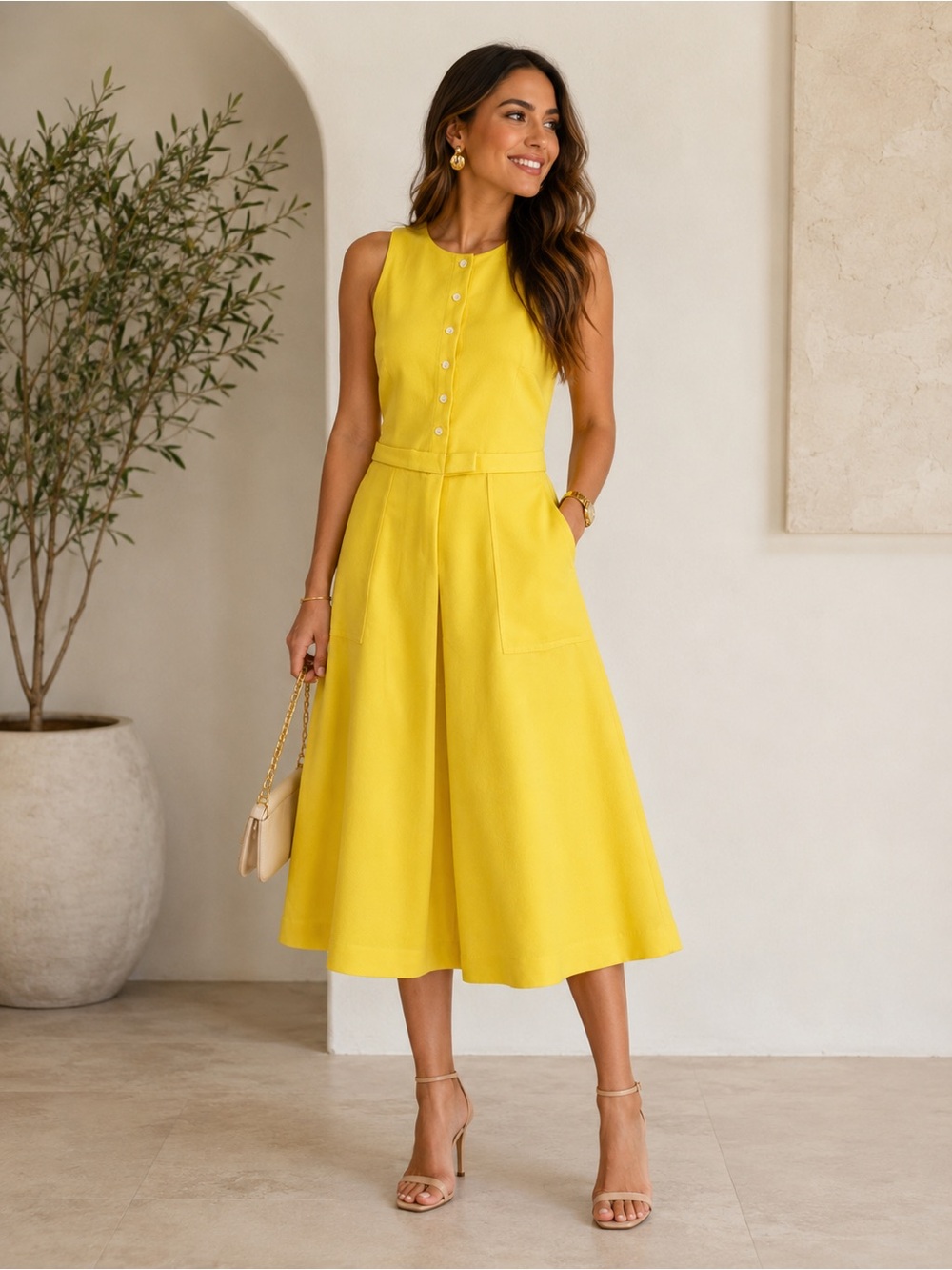 Banana Republic Bright Yellow Midi Dress with Button Front SIZE 2 - Picture 1 of 8